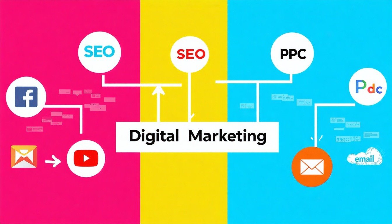 Digital Marketing: What It Is and Why It Matters for Your 1 A bright, colorful graphic illustrating various di